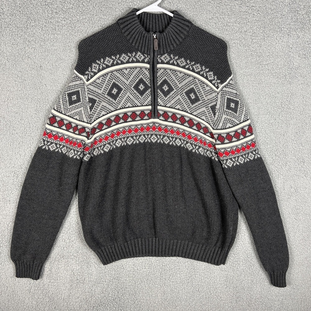Izod Mens Fair Isles Sweater Size L Gray 1/4 Zip Pullover Mock Neck Knit Nordic